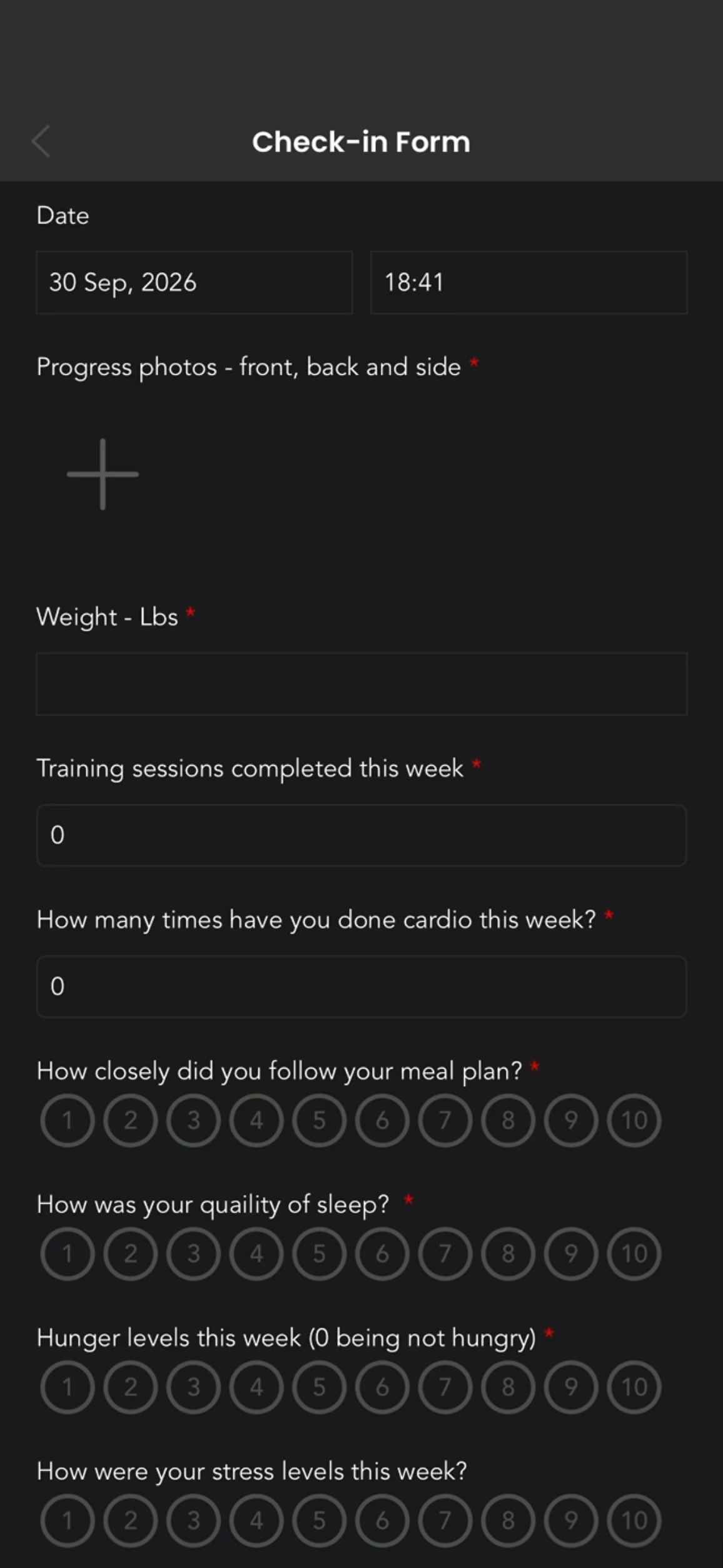 Plus 4 Performance app, check-in form