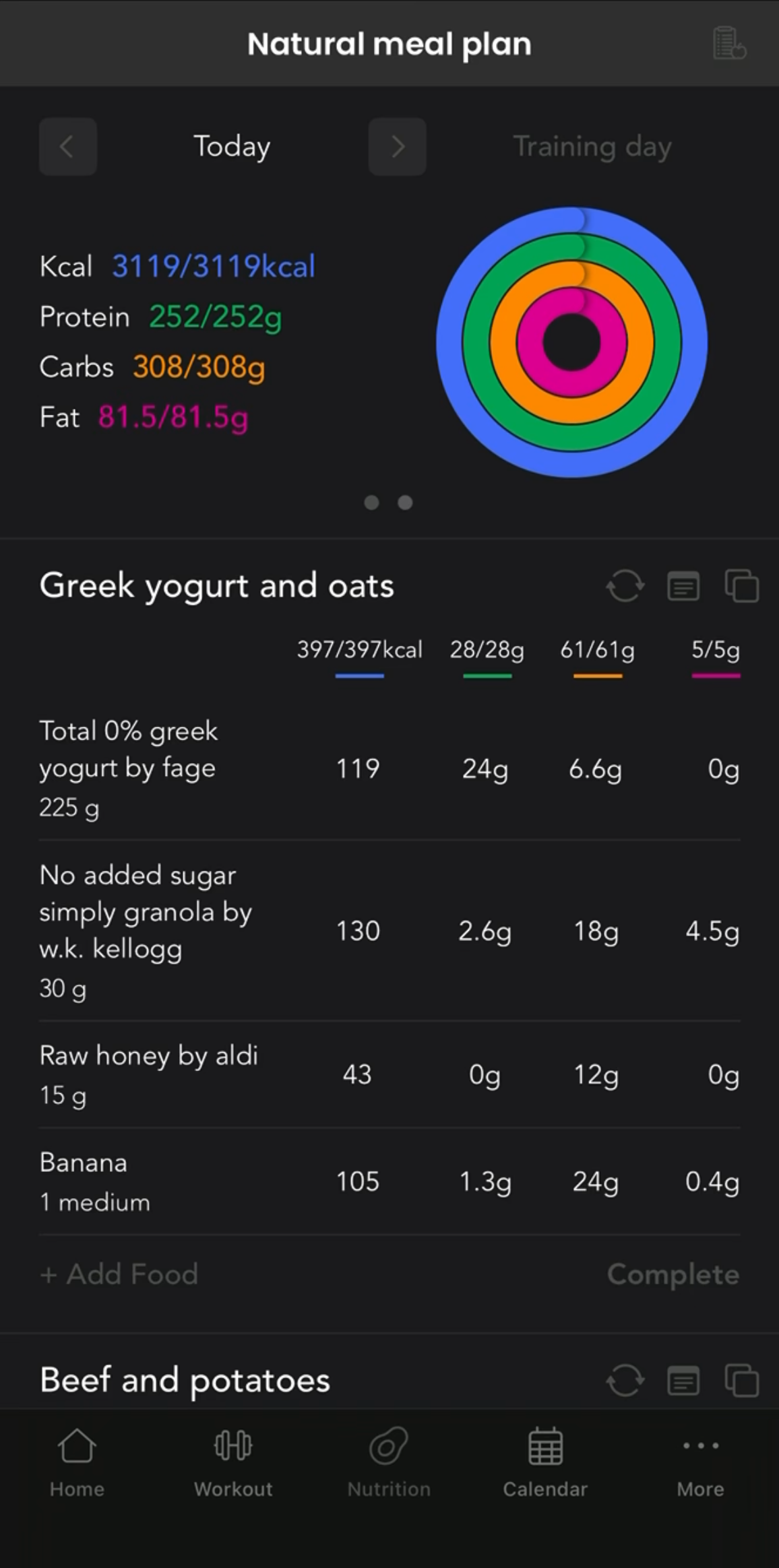 Plus 4 Performance app, meal plan